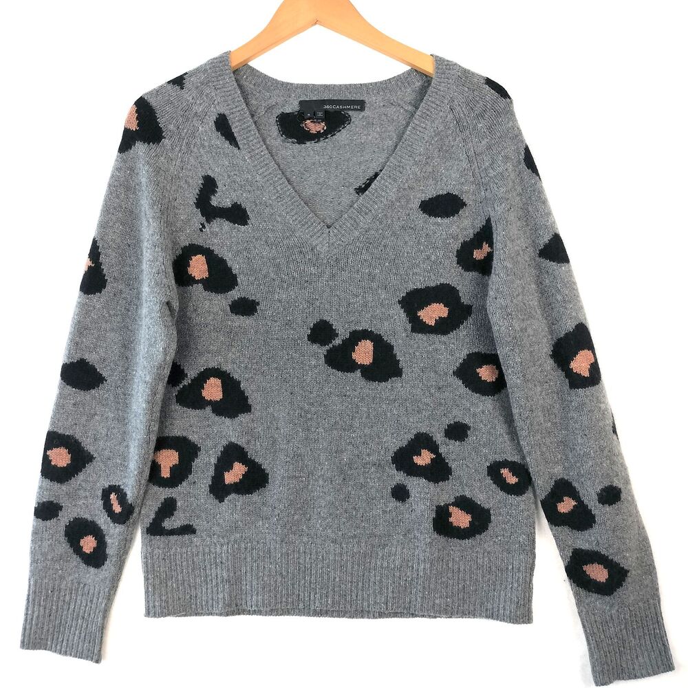 360Cashmere Sweater Womens Small Gray Alani V Neck Animal Print Luxury Old Money